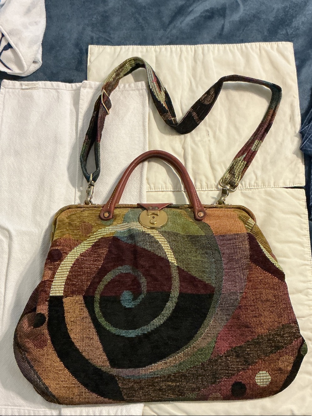 Multicolor Spiral Tapestry Tote Bag with Leather Handles